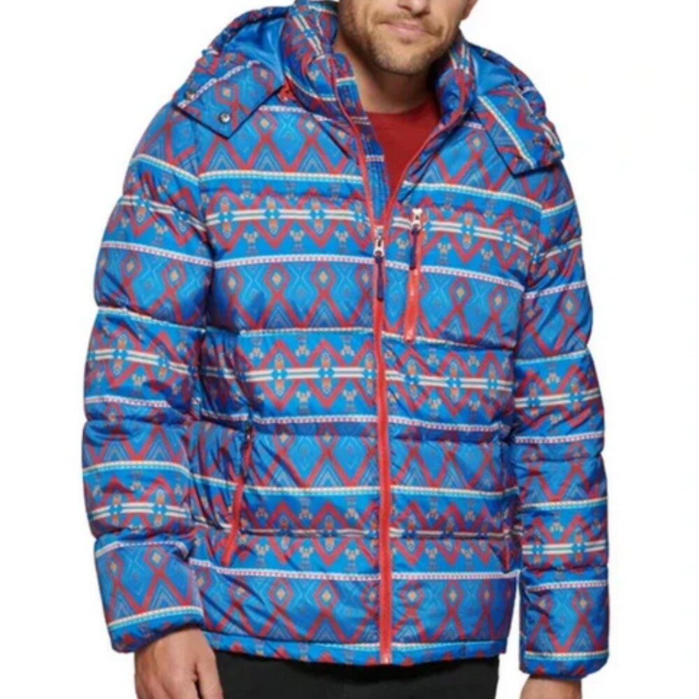 CLUB ROOM Men's Hooded Puffer Jacket - Blue Aztec - Medium - NWT
